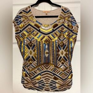 Gibson Latimer Blue & Gold Sequin Embellished Geometric Top Size Medium